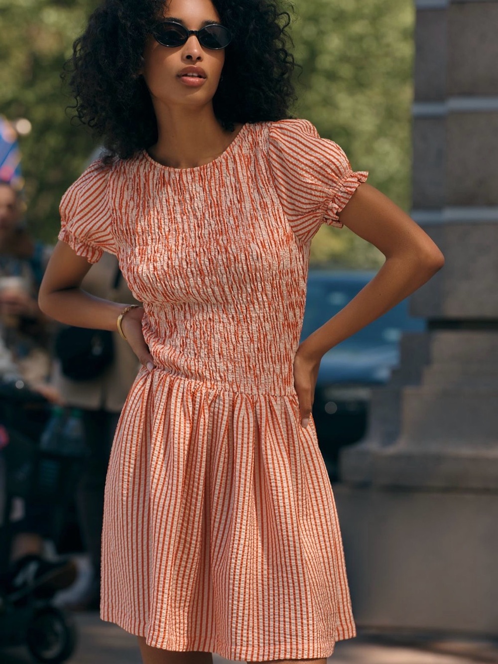 Maeve Margie Smocked Red-White Striped Smocked Midi Dress